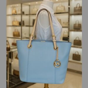 NEW Michael Kors Jet Set Pale Blue Leather Large Shopper Tote Bag